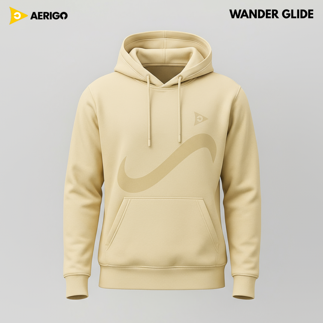 Beige hoodie with a logo on a gray background, featuring the brand 'Aerigo'